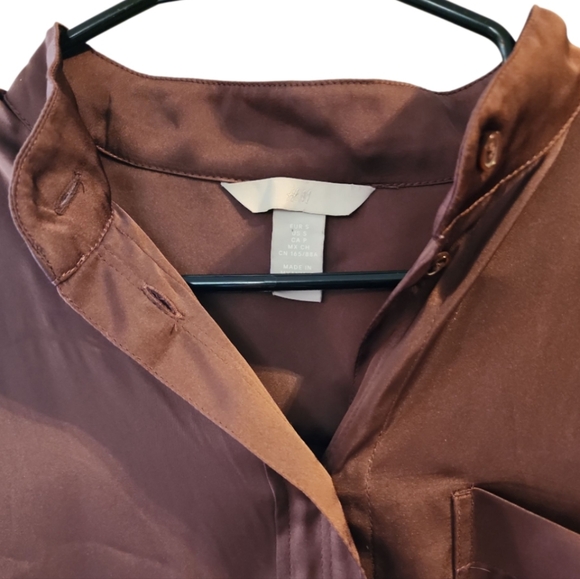 H&M Tunic Dress Chocolate Brown Band Collar Button Up Long Sleeve Large Cuffs - Picture 6 of 6